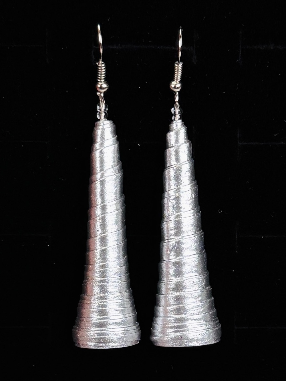 Interesting, long cone silvertone costume pierced earrings